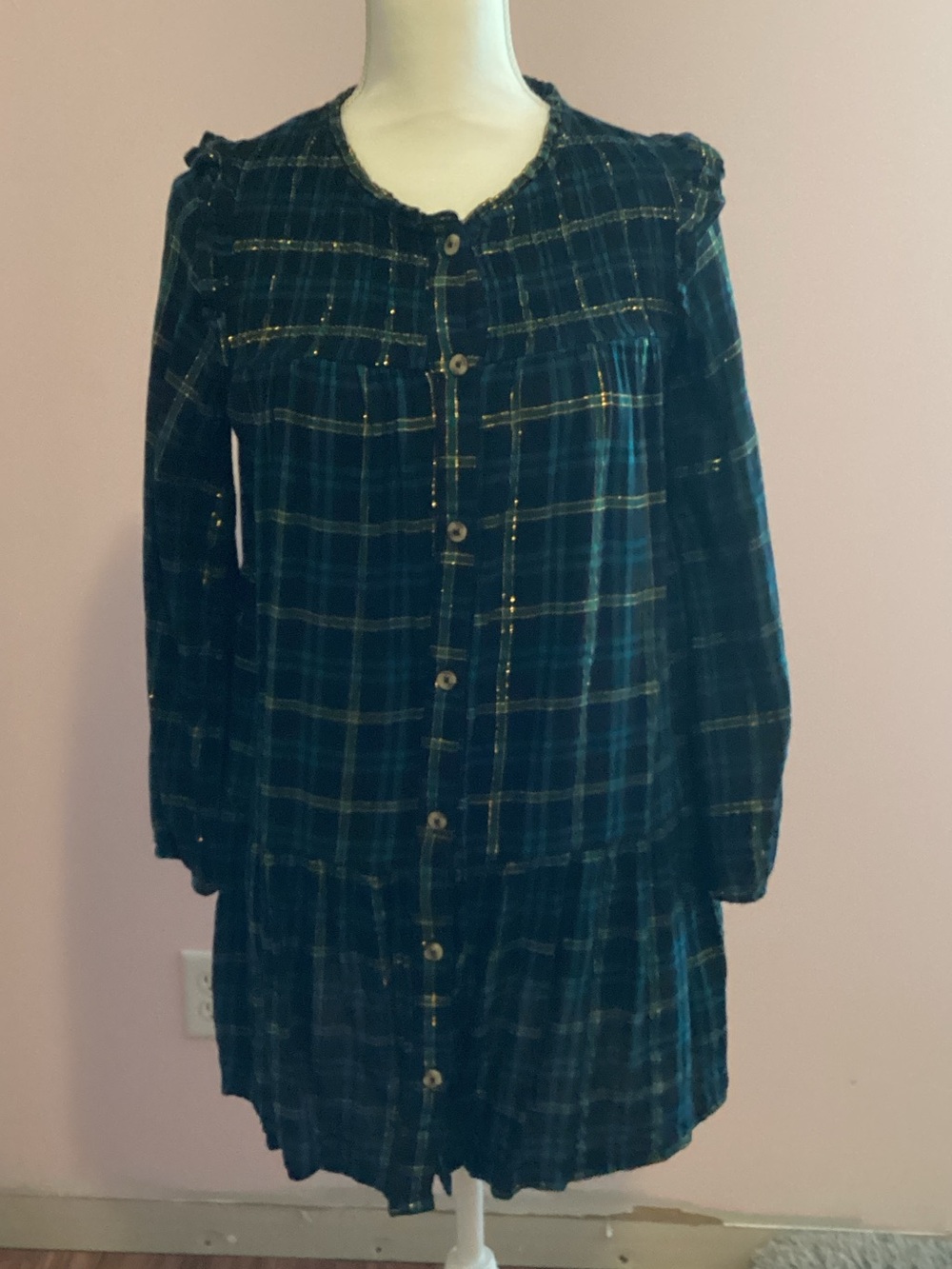 Cat & Jack Teal Plaid Button-Front Dress with Metallic Thread